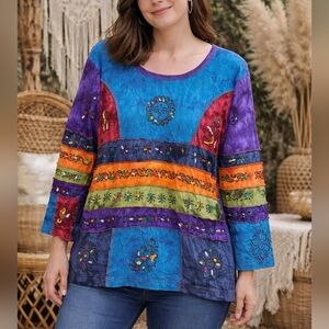 Rising International Boho Patchwork Tunic Top Size L Multicolor 100% Cotton